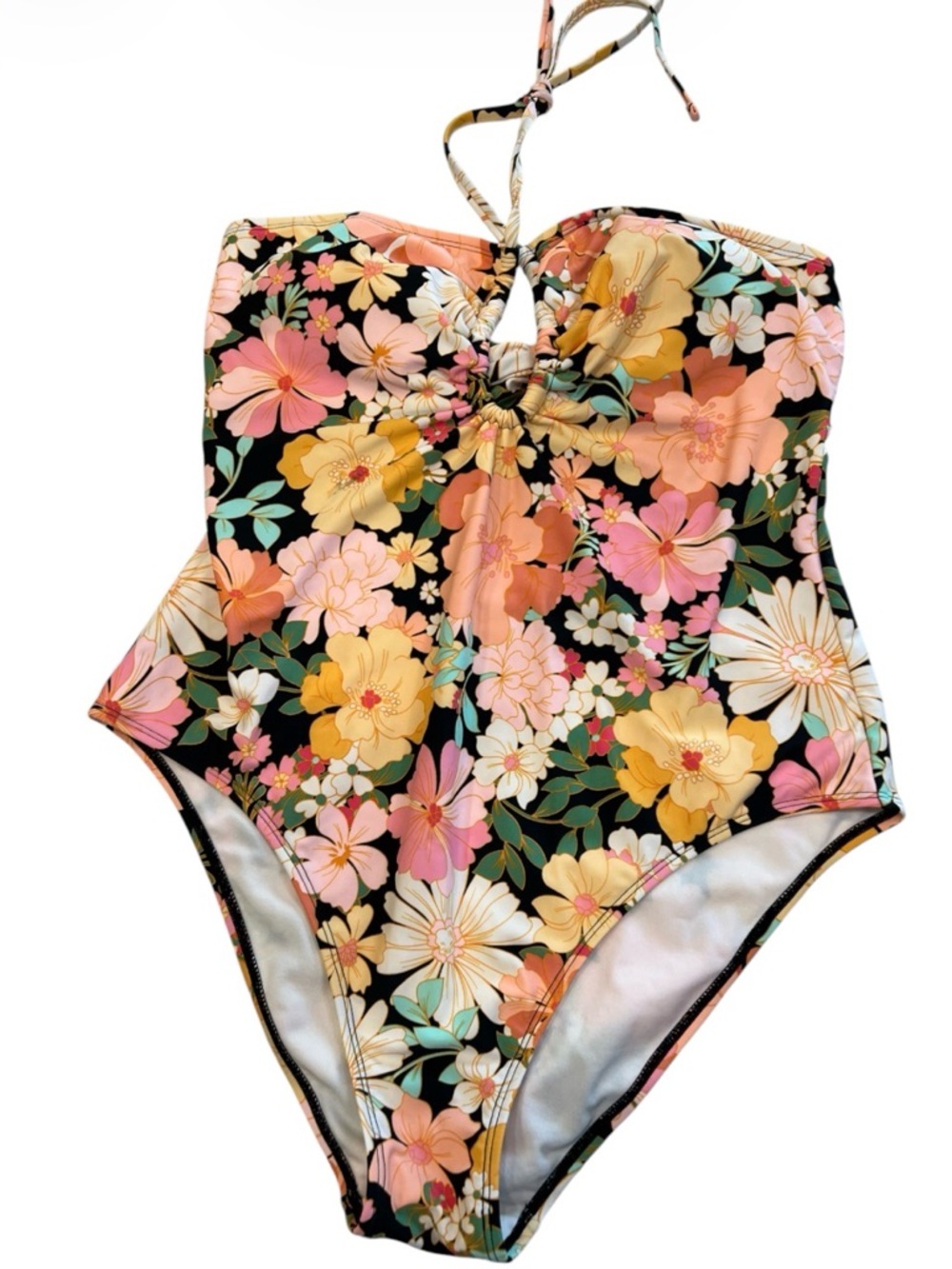 Floral One-Piece Swimsuit - Black with Peach & Yellow Flowers